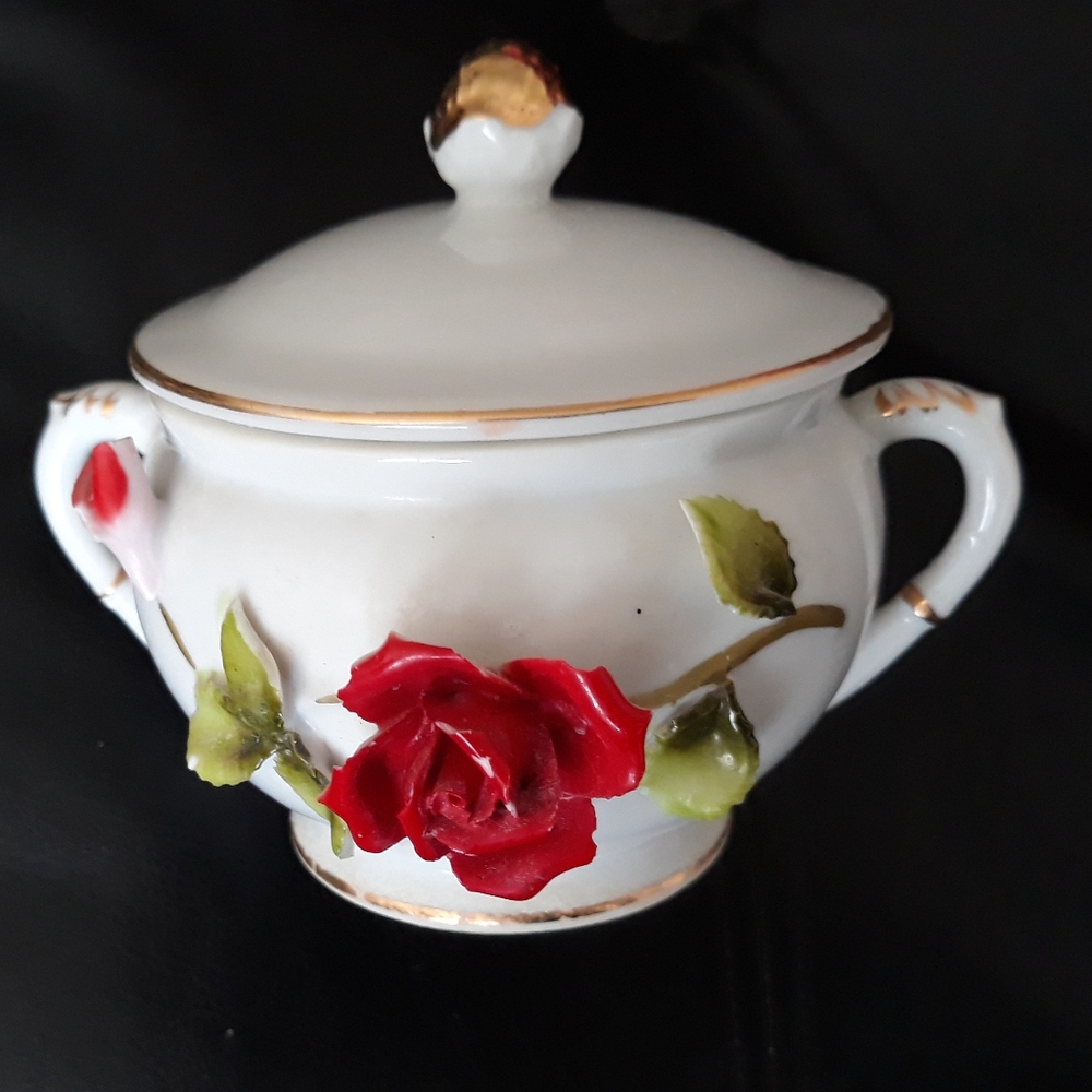 Vintage Japan Ceramic Sugar Bowl with 3D Rose - Picture 7 of 10